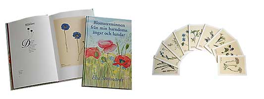 Uppslag och bokomslag och korrespondenskort med blomstermotiv.